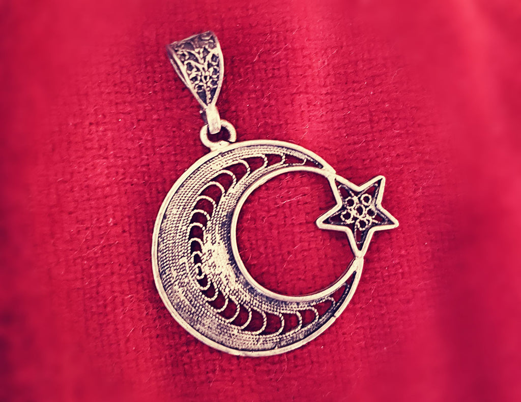 Filigree Crescent Moon and Star Pendant from Morocco