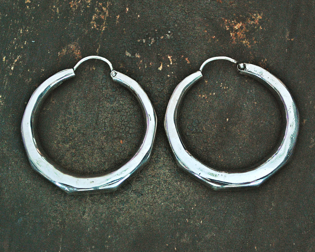 Faceted Ethnic Silver Hoop Earrings