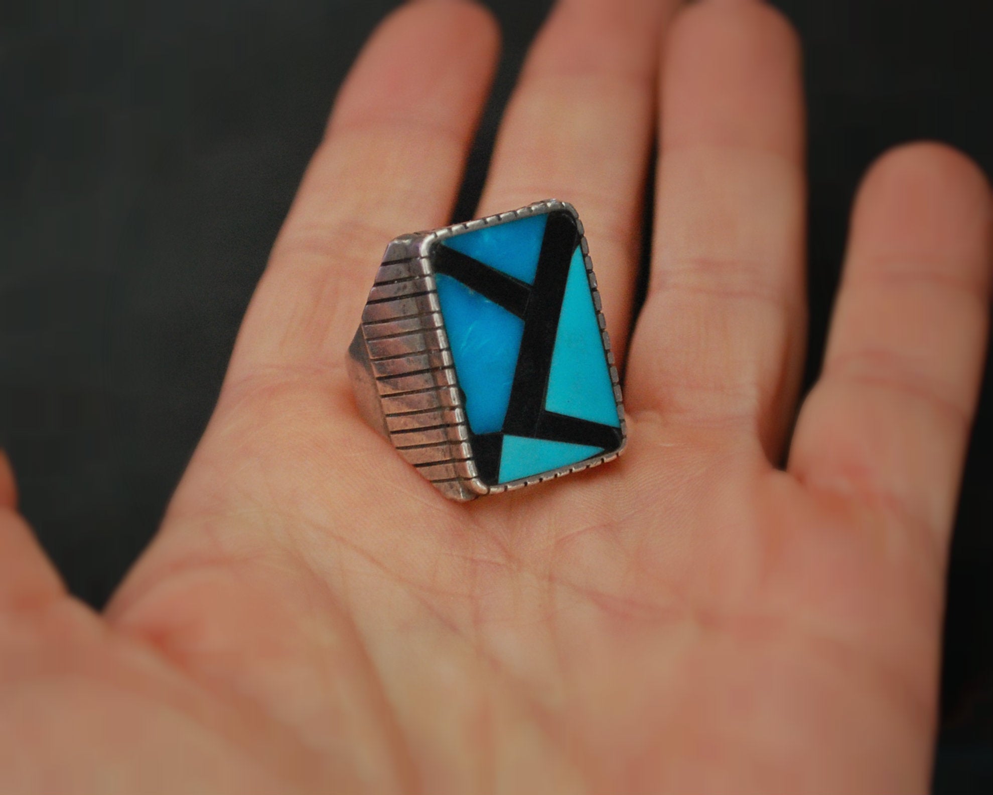 Navajo Turquoise Onyx Inlay Ring - Size 10