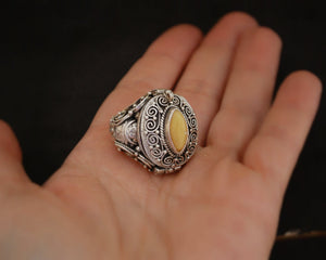 Ethnic Amber Poison Ring - Size 8.5+