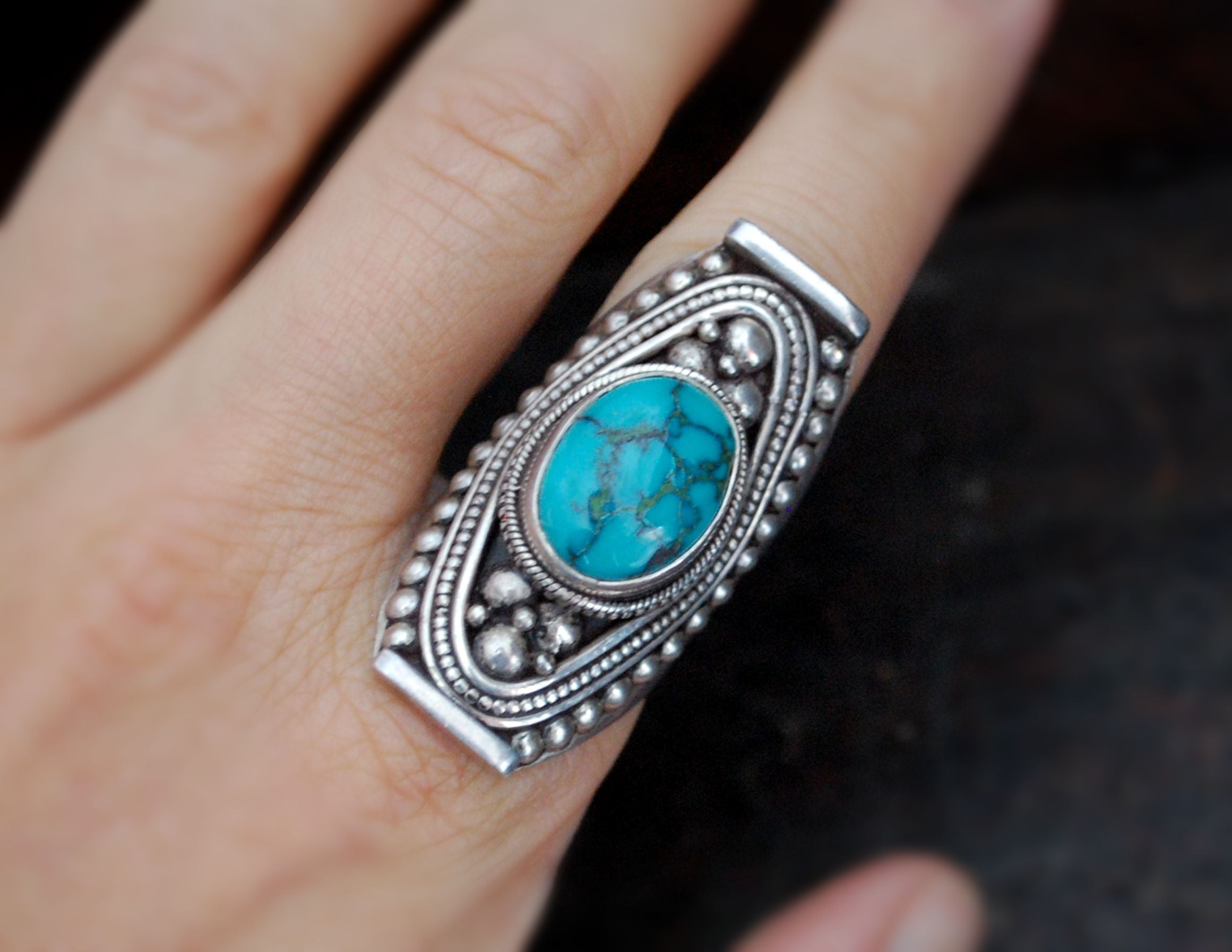 Huge Nepali Turquoise Saddle Ring - Adjustable Size 8+