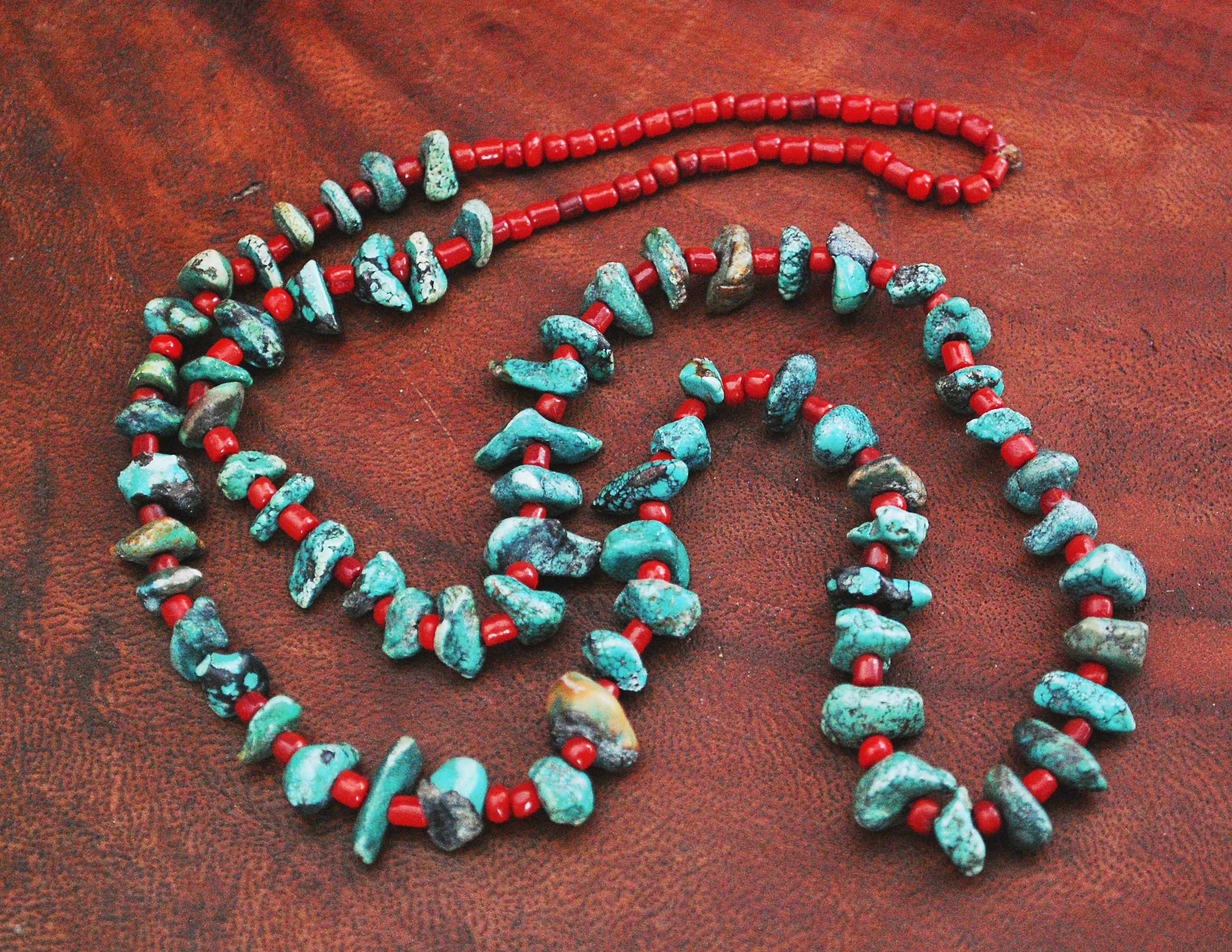 Native American Santo Domingo Turquoise Nugget Coral Necklace