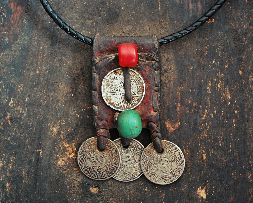 Old Berber Leather Coin Amulet Pendant