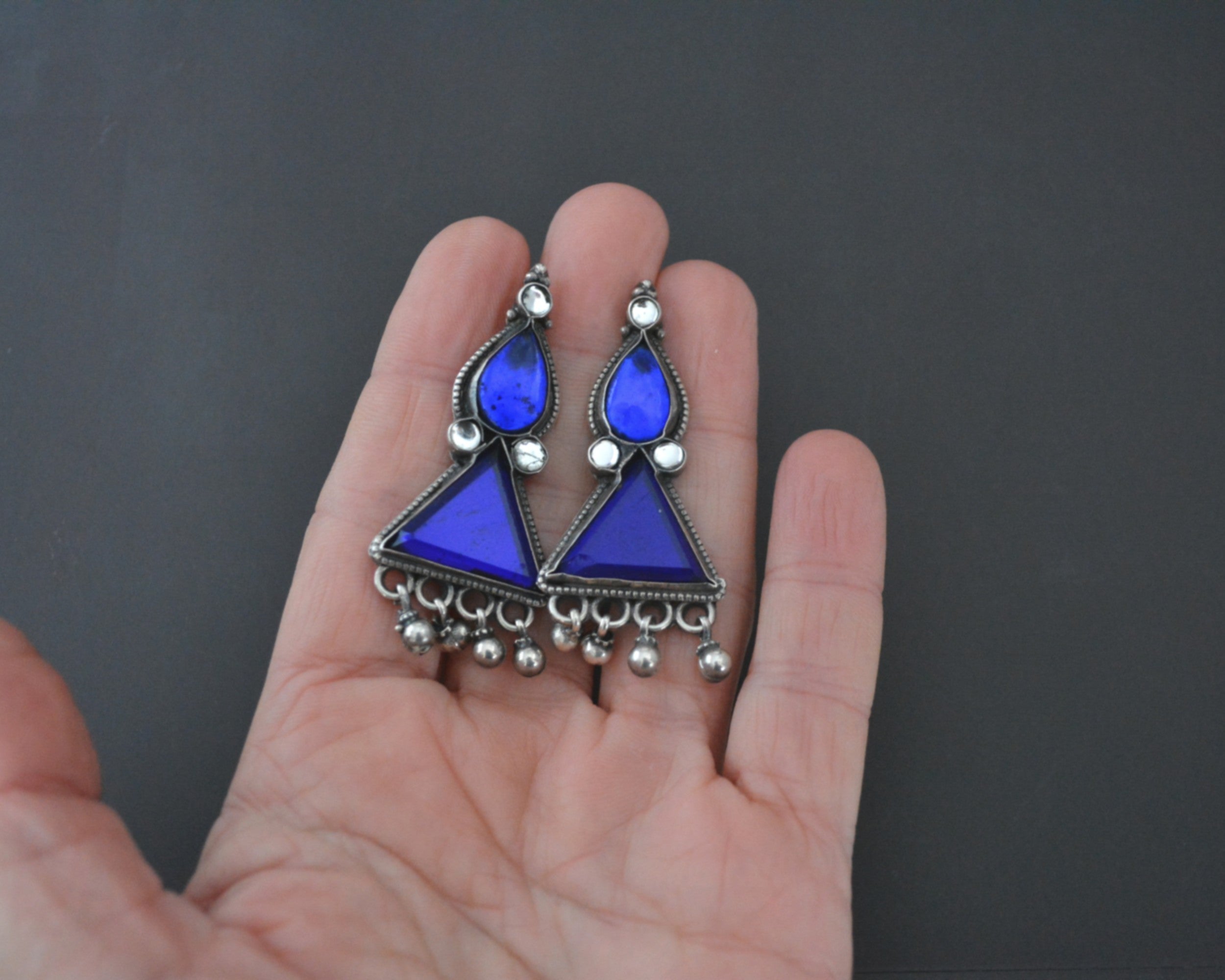 Rajasthani Earrings with Blue Glass and Bells