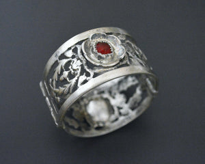 Ethnic Wide Hinged Bracelet with Red Glass - XXS