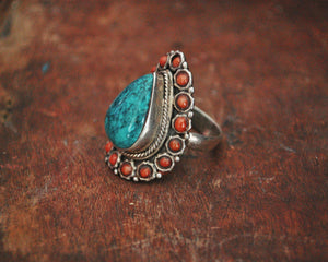 Ethnic Turquoise and Coral Ring from India