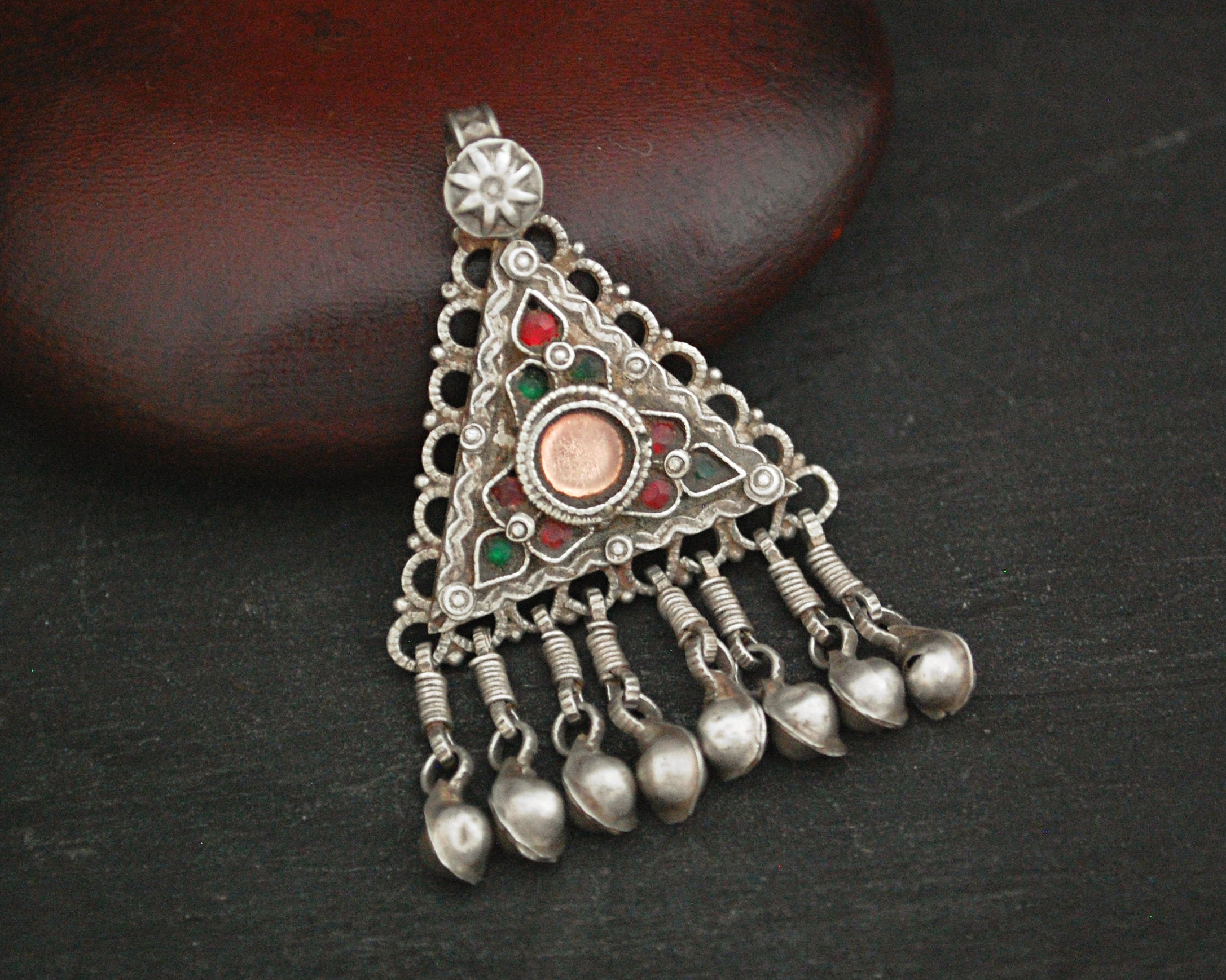 Antique Afghani Silver Pendant with Bell Tassels