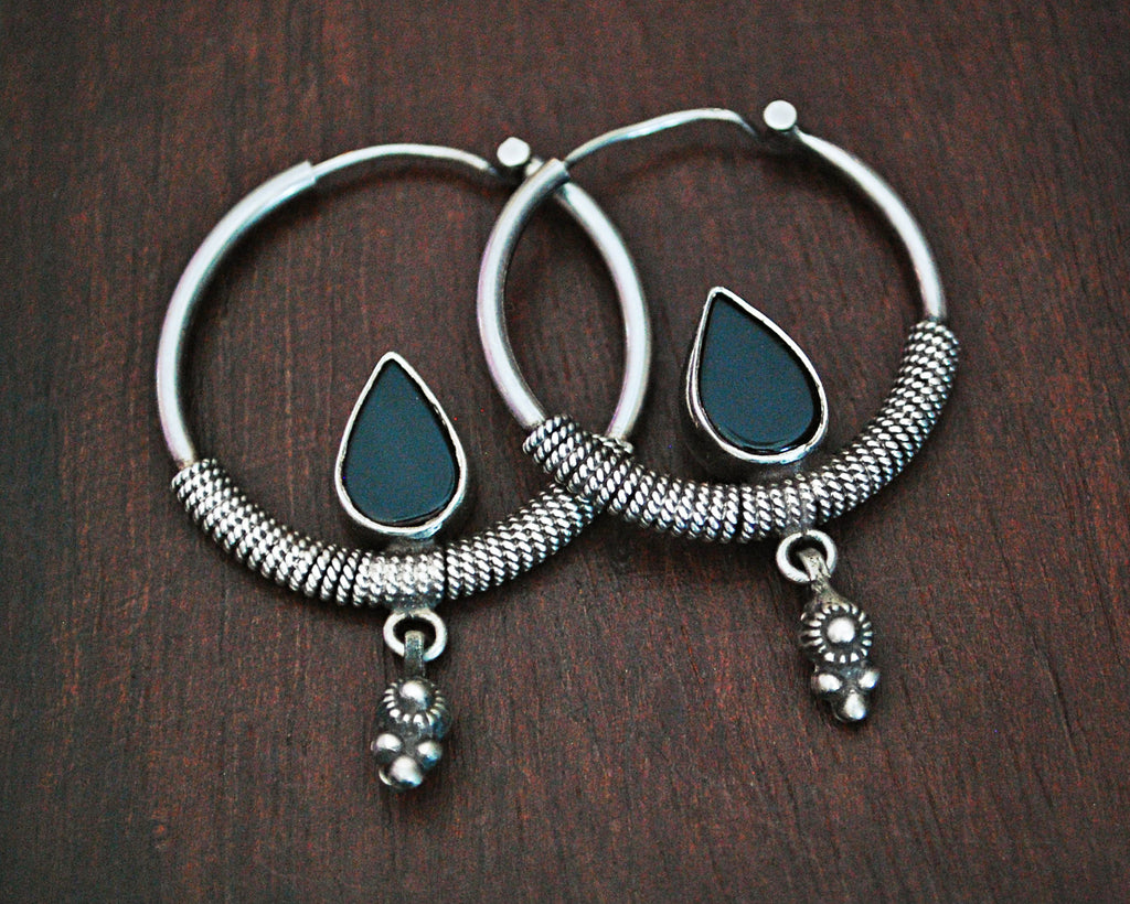 Ethnic Onyx Hoop Earrings with Charm Dangle