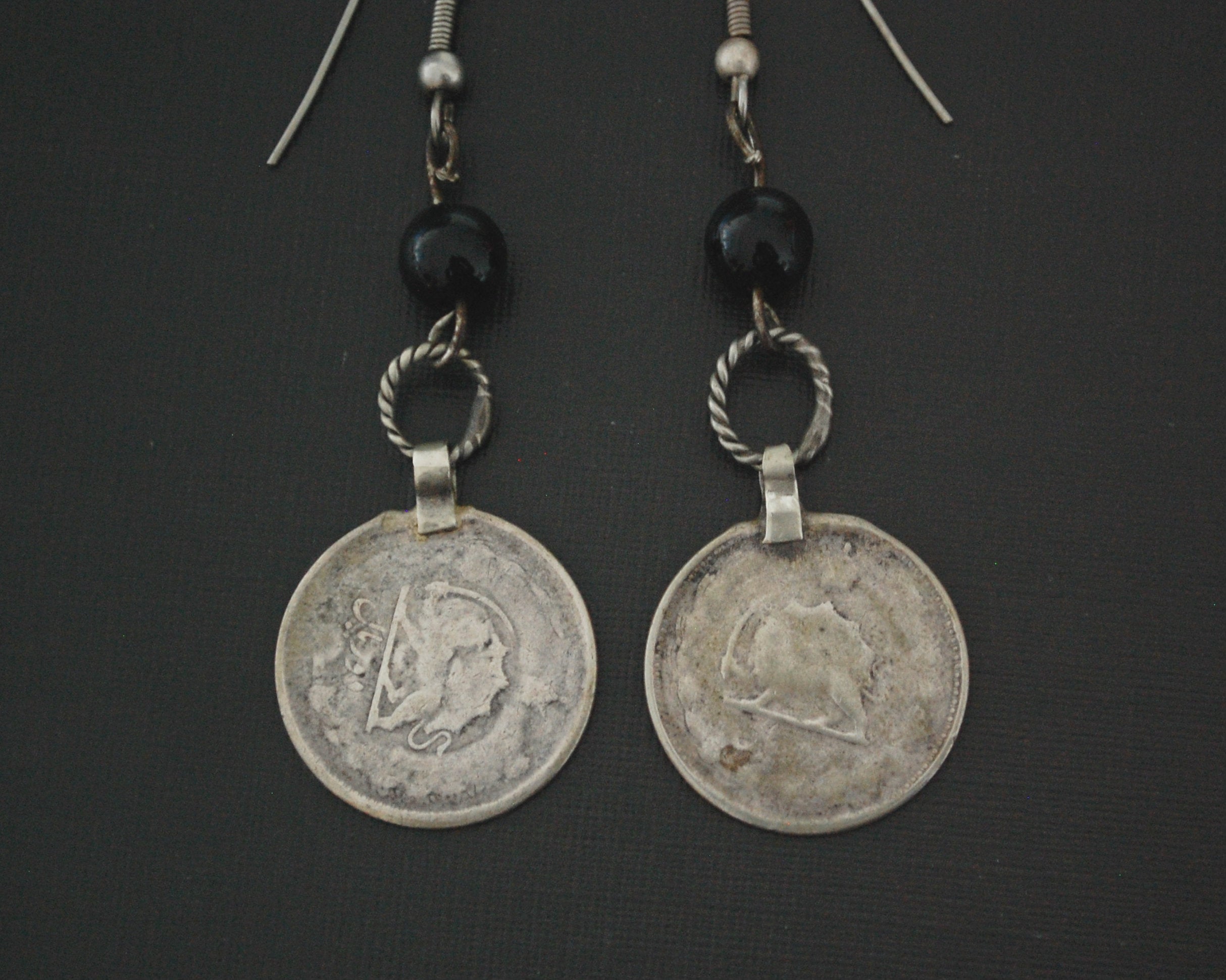 Kurdish Coin Earrings with Black Glass Bead