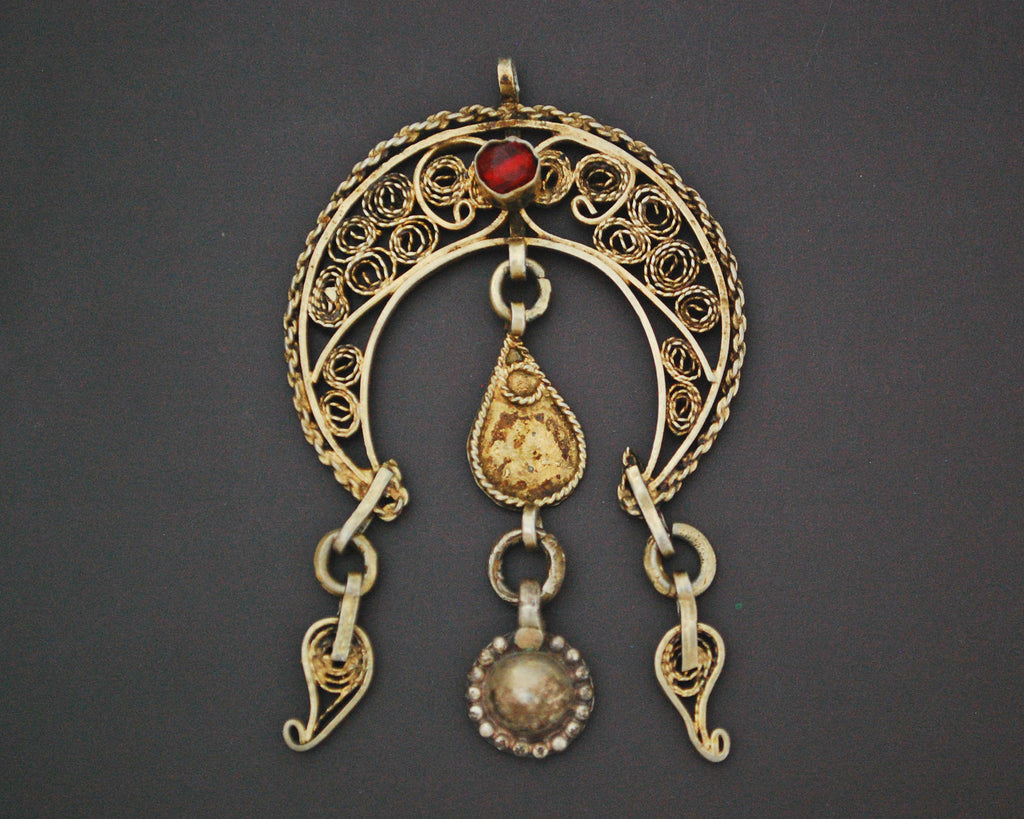 Tunisian Gilded Filigree Crescent Pendant with Red Glass