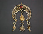 Tunisian Gilded Filigree Crescent Pendant with Red Glass