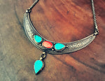 Nepali Crescent Moon Necklace with Coral and Turquoise