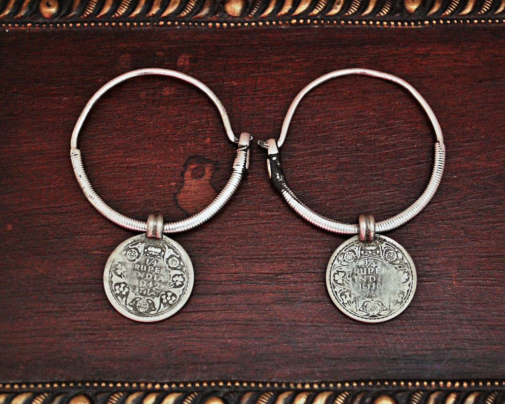 Tribal Indian Hoop Earrings with Coins - Large