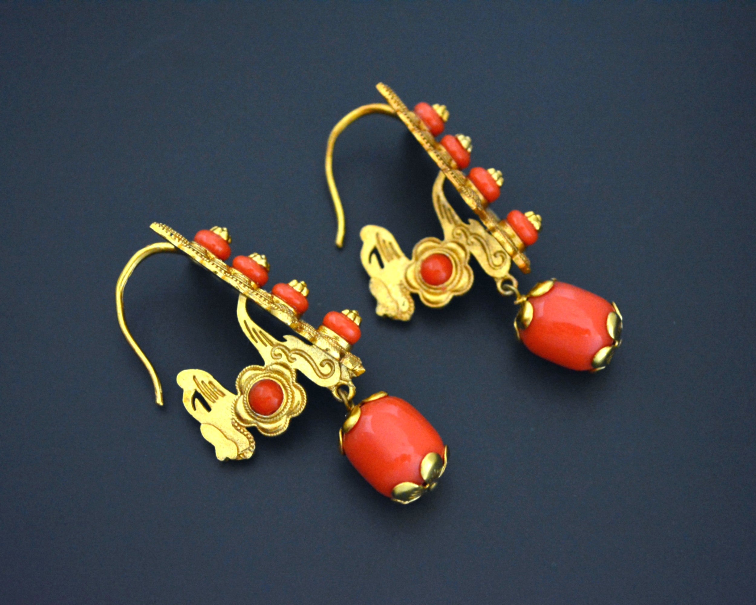 Tibetan Gilded Earrings with Faux Coral – Cosmic Norbu