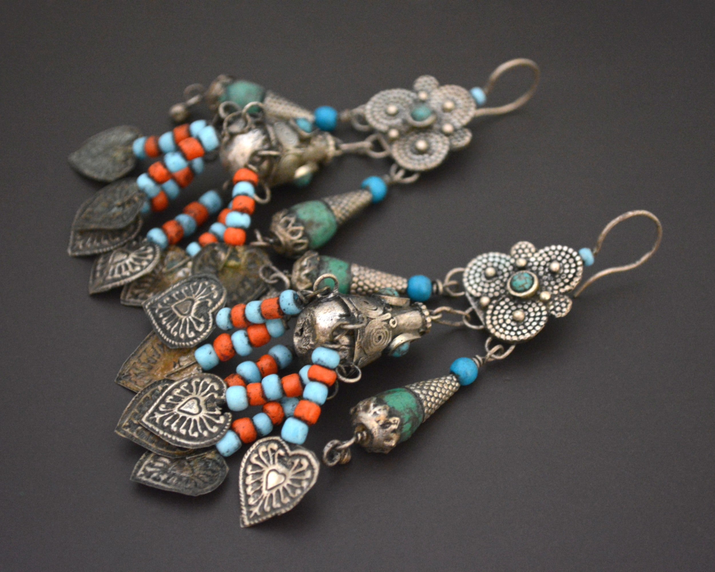 Huge Uzbek Coral Turquoise Dangle Earrings