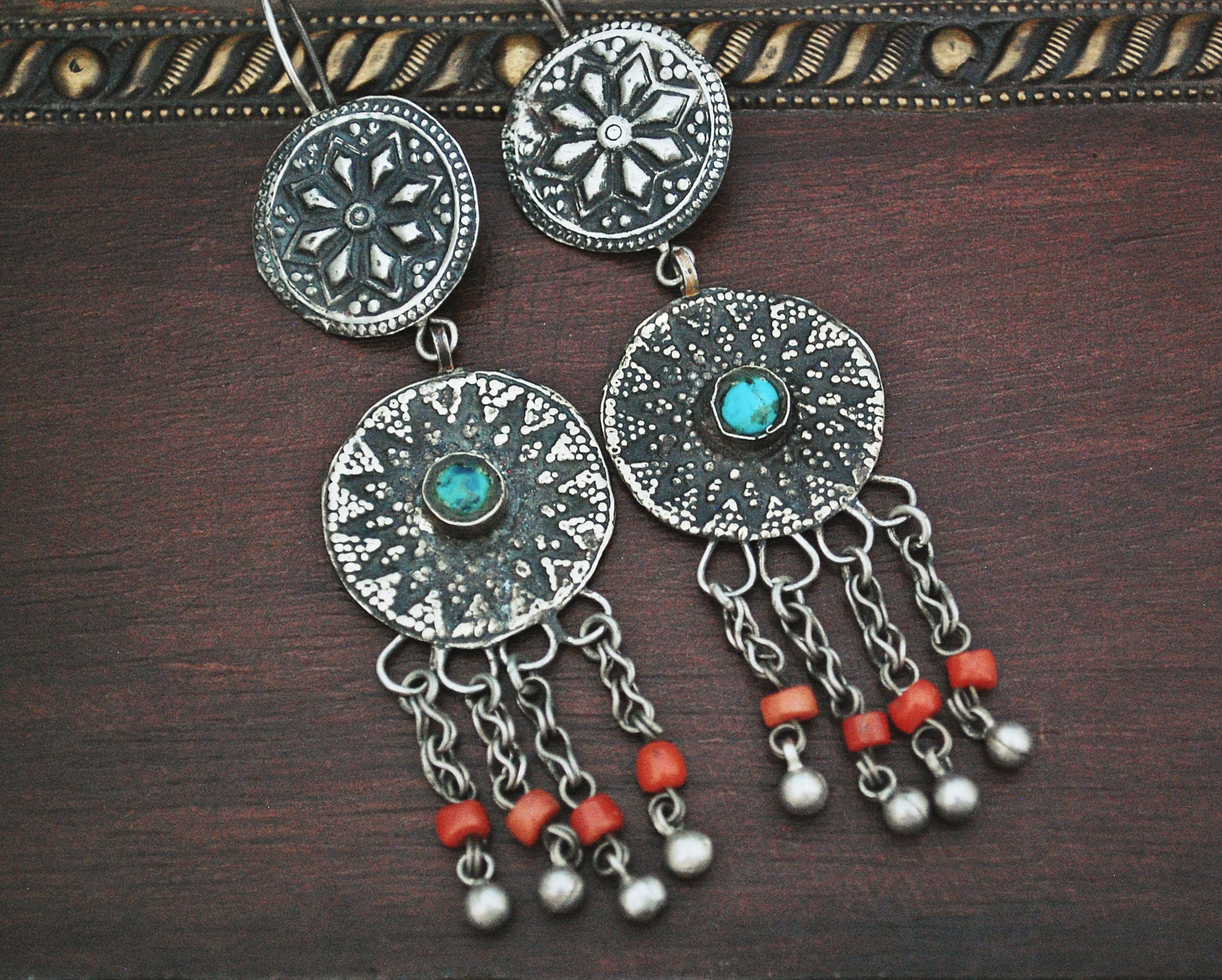 Long Uzbek Coral Turquoise Earrings