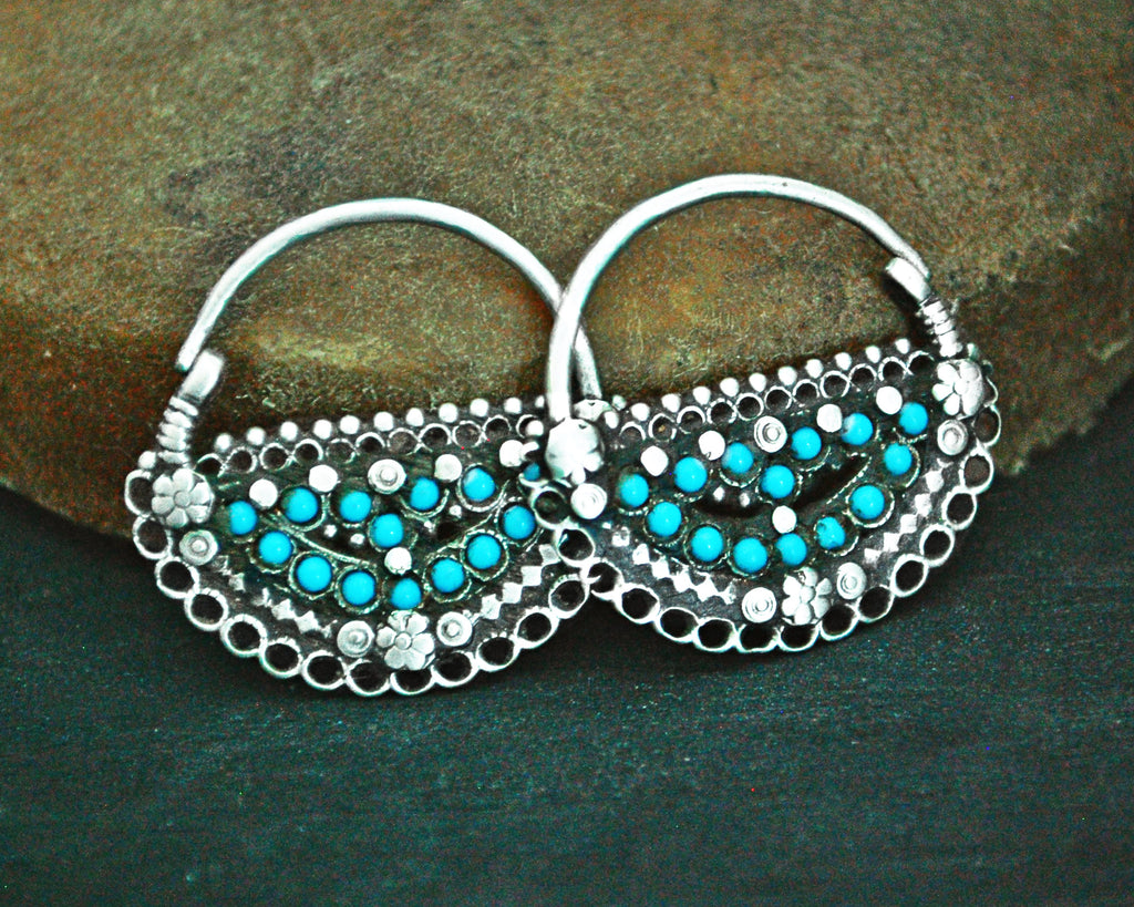 Antique Afghani Hoop Earrings with Turquoise