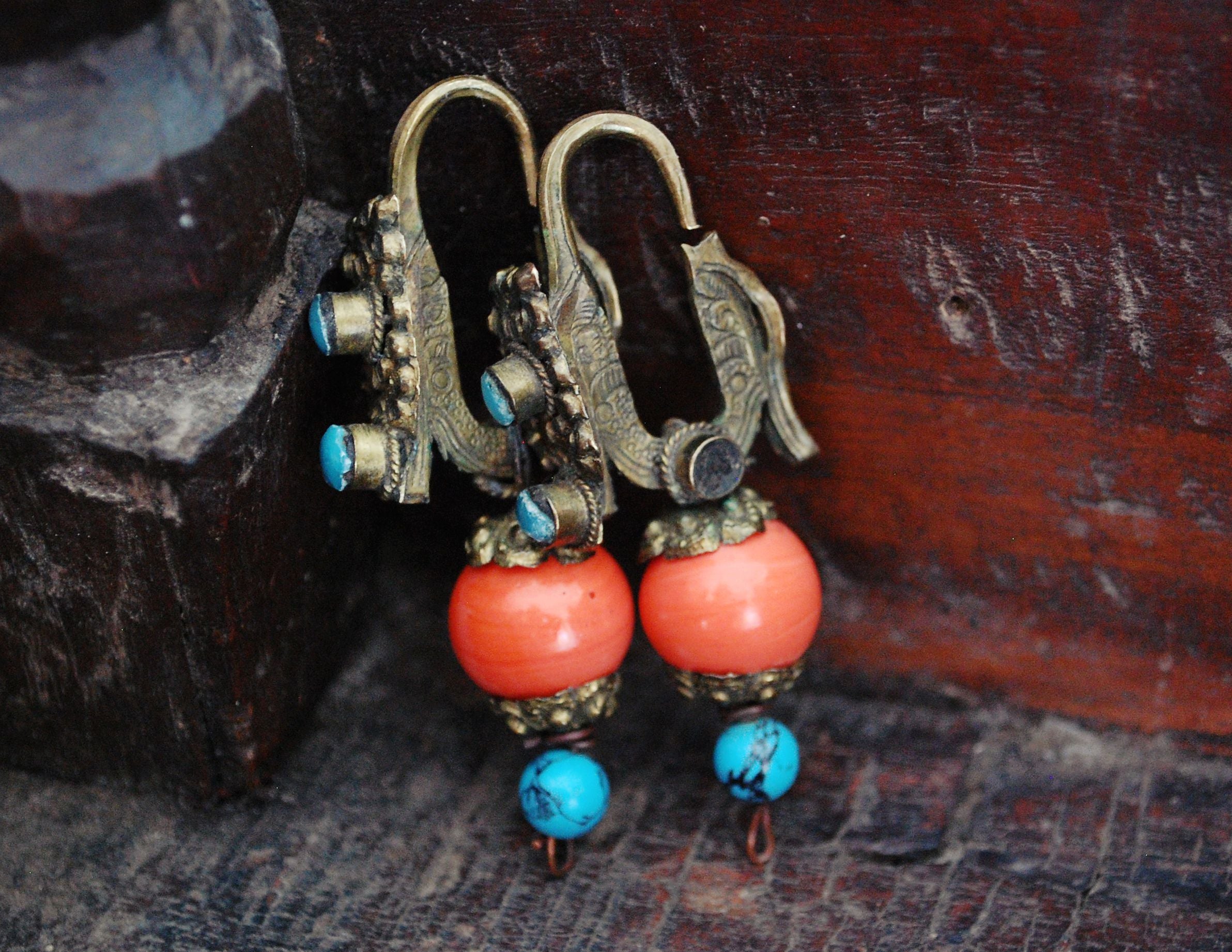 Antique Tibetan Earrings with Coral and Turquoise