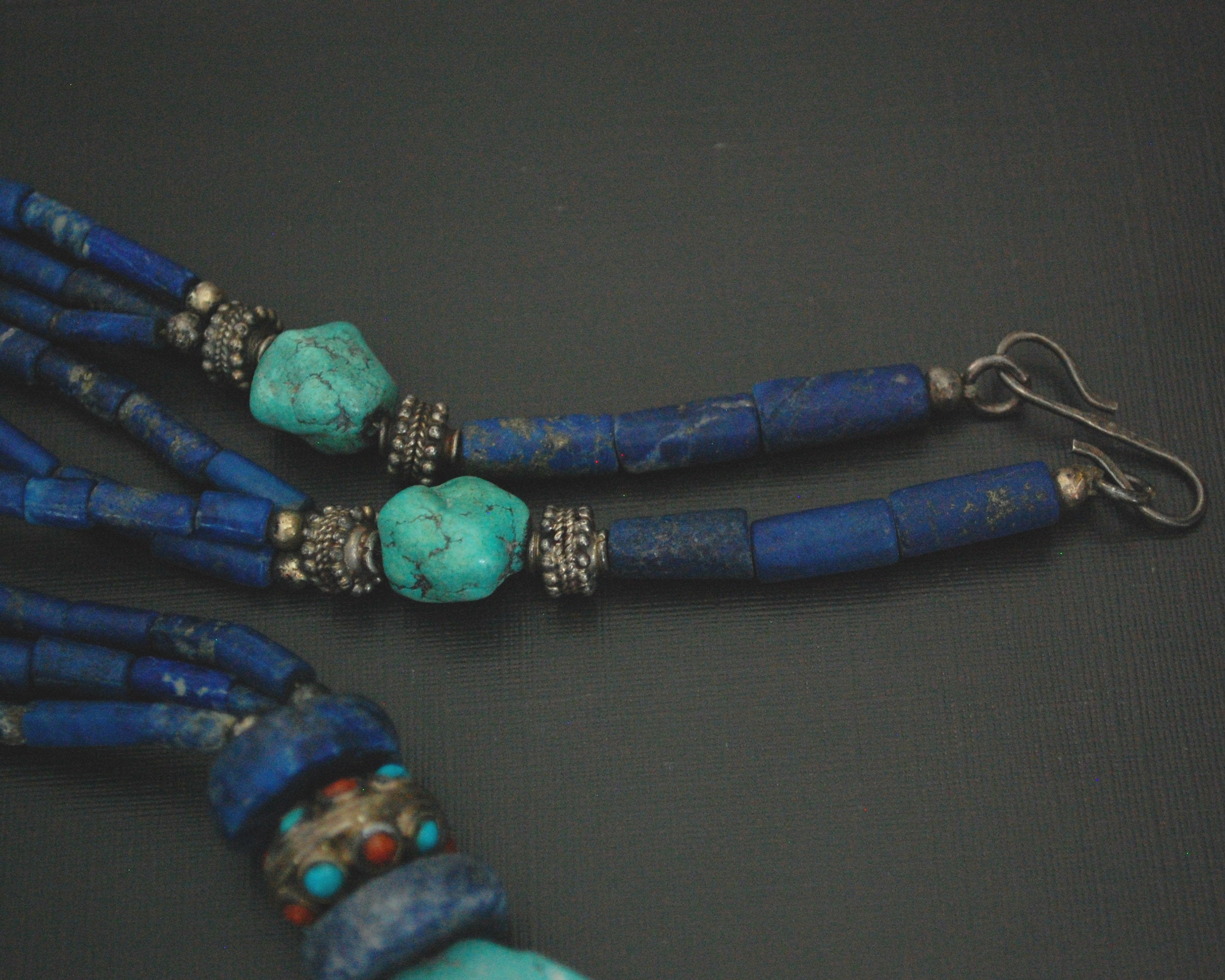 Long Coral, Lapis Lazuli and Turquoise Necklace from India