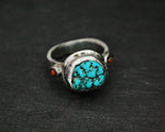 Antique Tibetan Turquoise Nugget and Coral Ring - Size 5