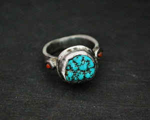 Antique Tibetan Turquoise Nugget and Coral Ring - Size 5