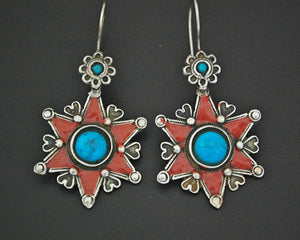 Turkmen Star Earrings with Enamel and Turquoise