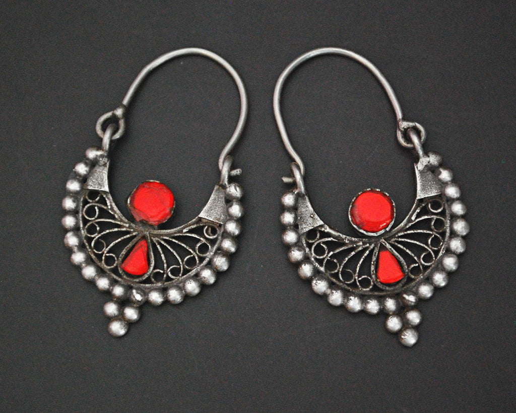 Filigree Afghani Hoop Earrings with Glass - Small