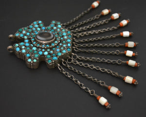 Exceptional Large Uzbek Turquoise and Coral Tassel Pendant with Eye Agate