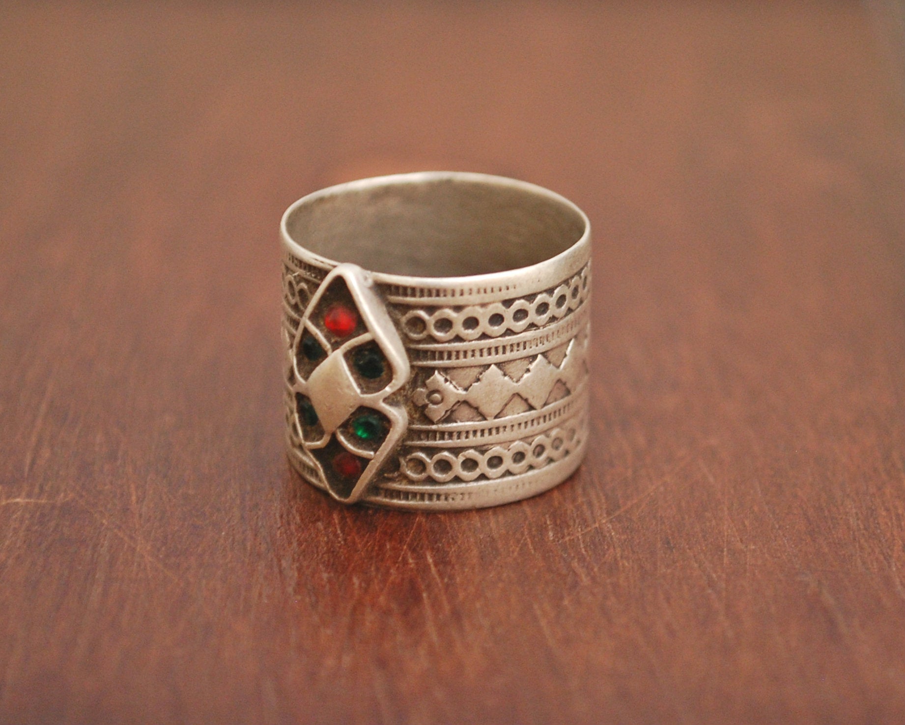 Antique Afghani Band Ring  with Glass Stones - Size 6.5