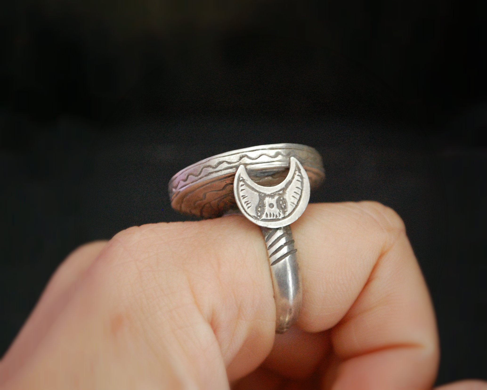 Afghani Magical Number Astrology Ring with Crescent Moon - Size 7