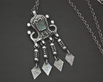 Ethnic Pendant with Tassels on Silver Chain - Green Stone