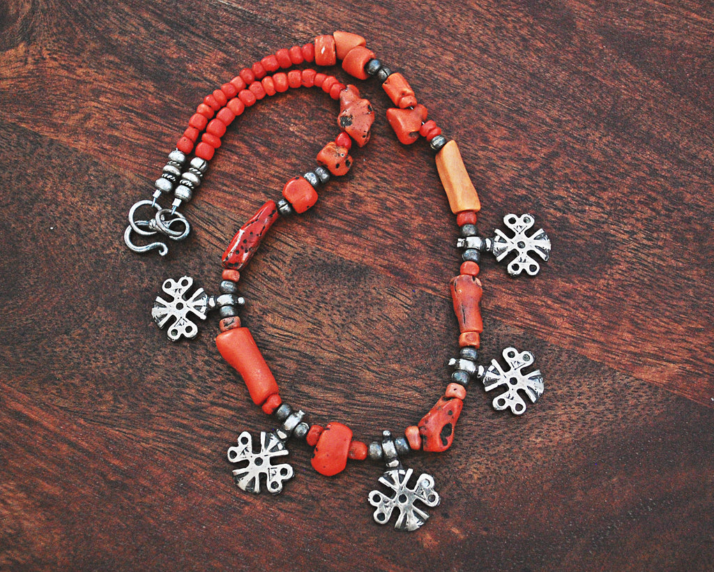 Berber Charms Coral Necklace with Silver Beads