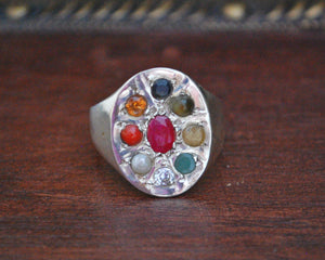 Indian Navaratna Nine Gemstone Astrology Ring - Size 8.5