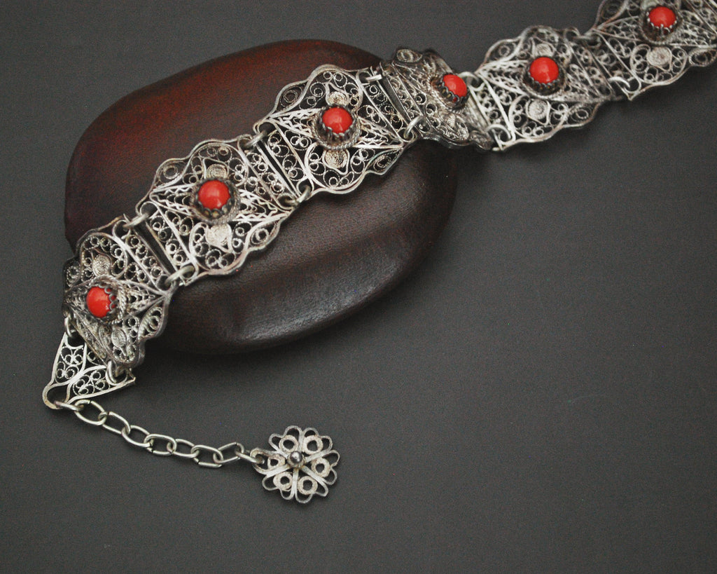 Vintage Croatian Coral Filigree Link Bracelet