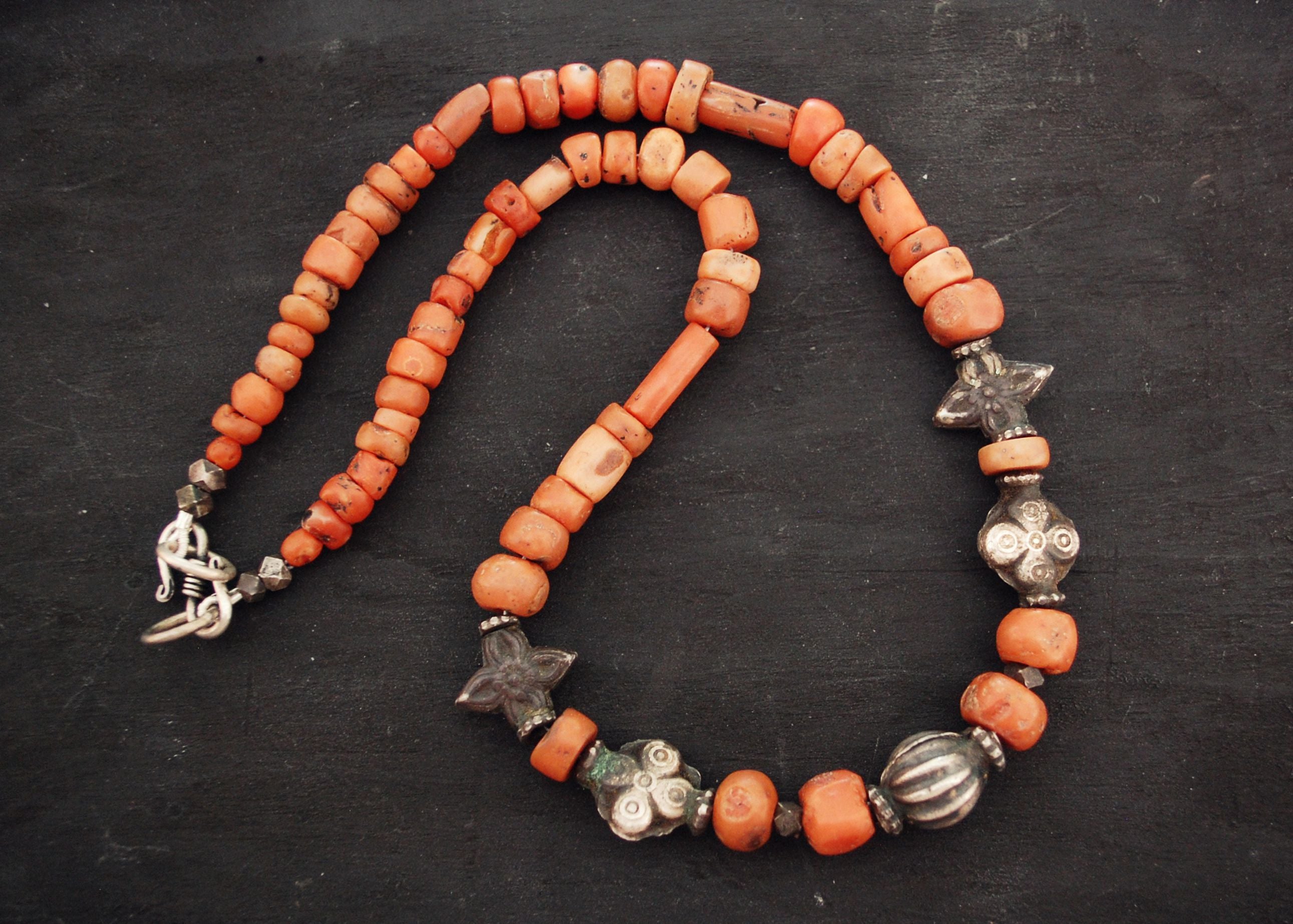 Old Coral Silver Beads Necklace from India