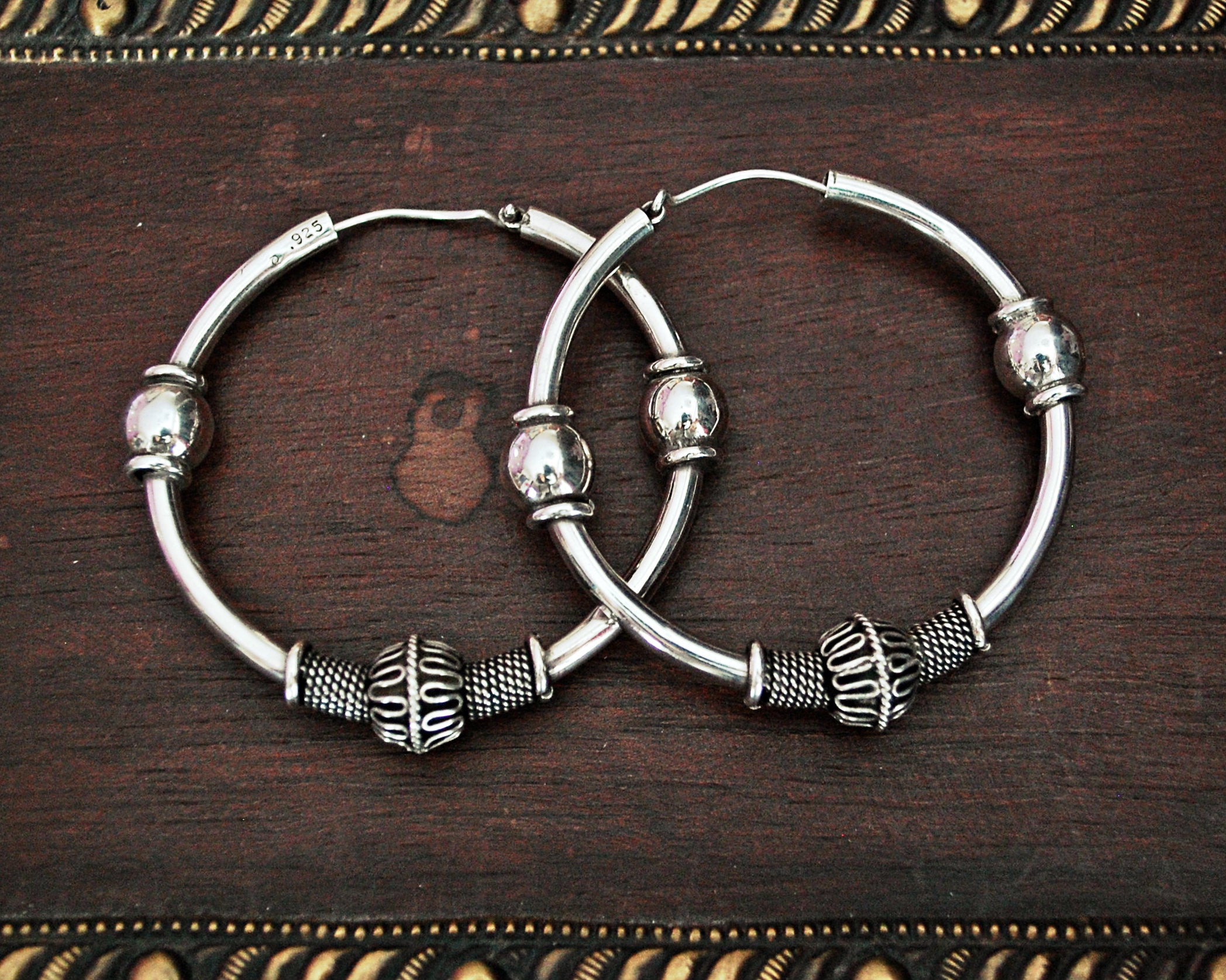 Large Bali Hoop Earrings with Silver Beads