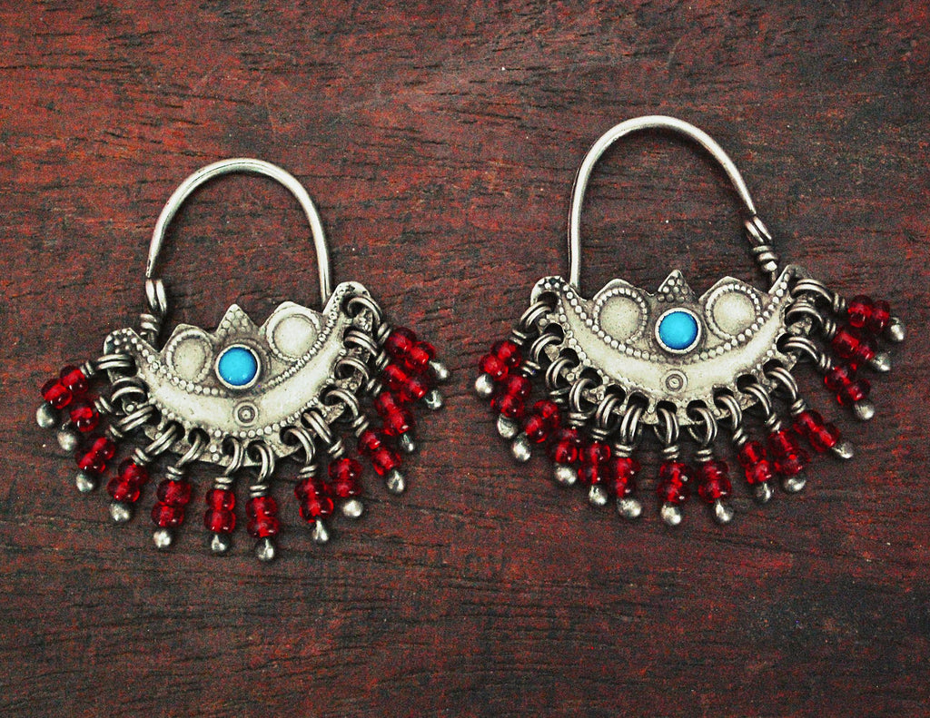 Antique Afghani Hoop Earrings with Turquoise and Glass