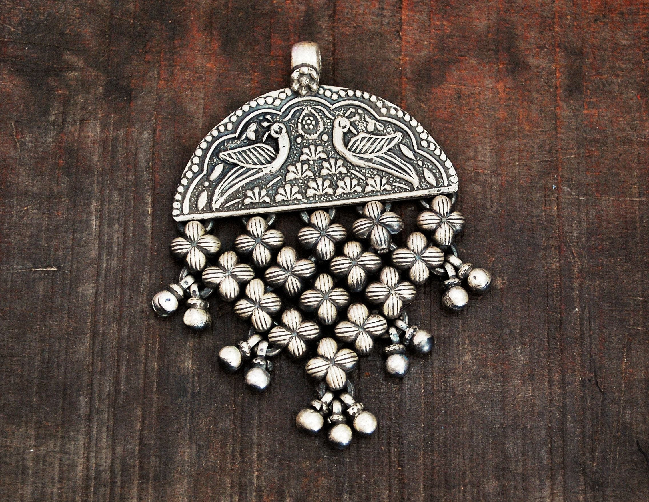 Rajasthani Silver Peacock Pendant with Bells