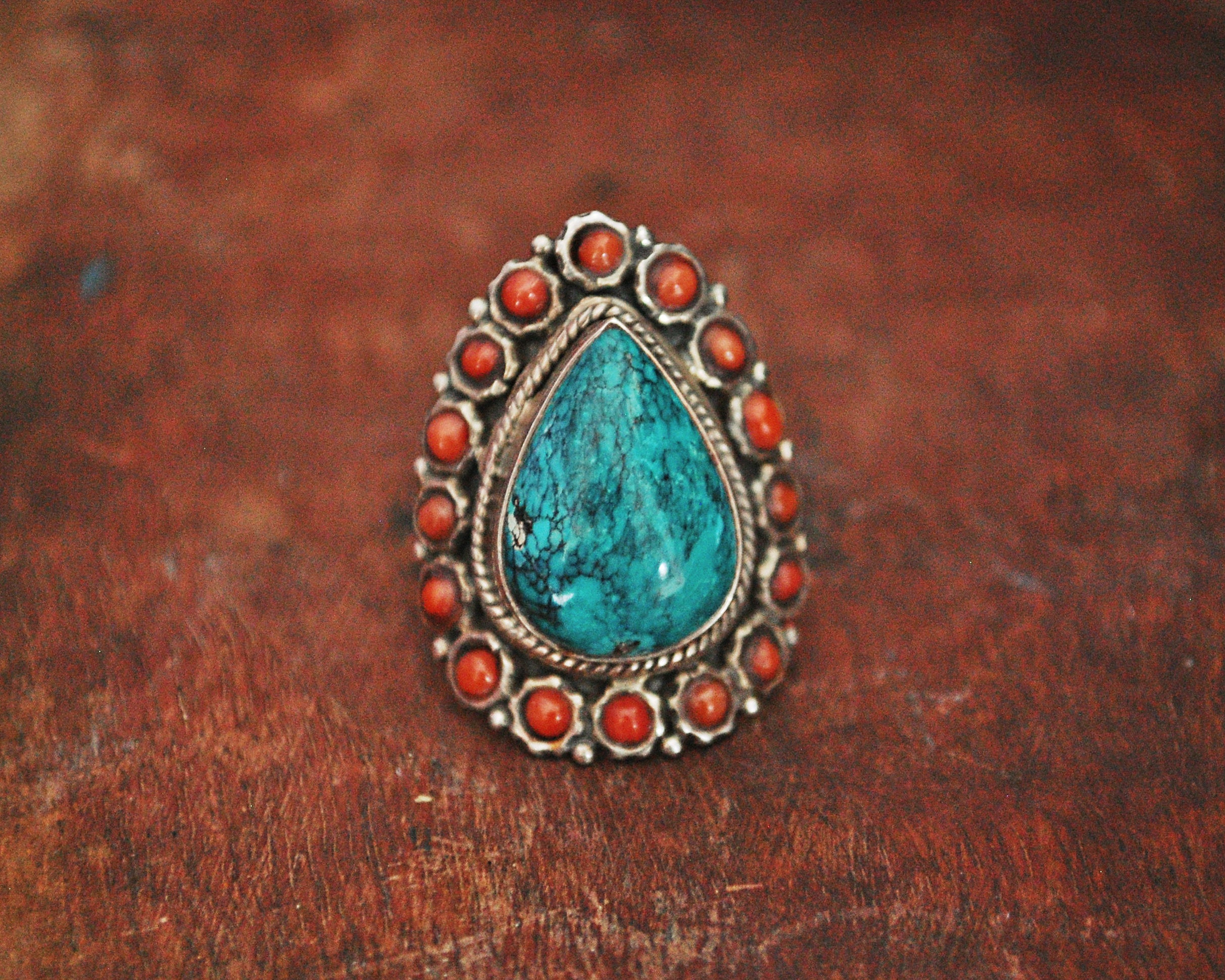 Ethnic Turquoise and Coral Ring from India