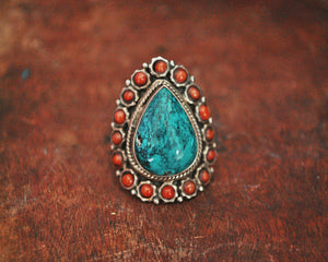 Ethnic Turquoise and Coral Ring from India