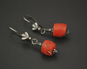 Old Tibetan Coral Silver Dangle Earrings