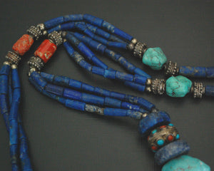 Long Coral, Lapis Lazuli and Turquoise Necklace from India