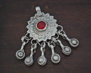 Afghani Silver Pendant with Red Glass and Bells