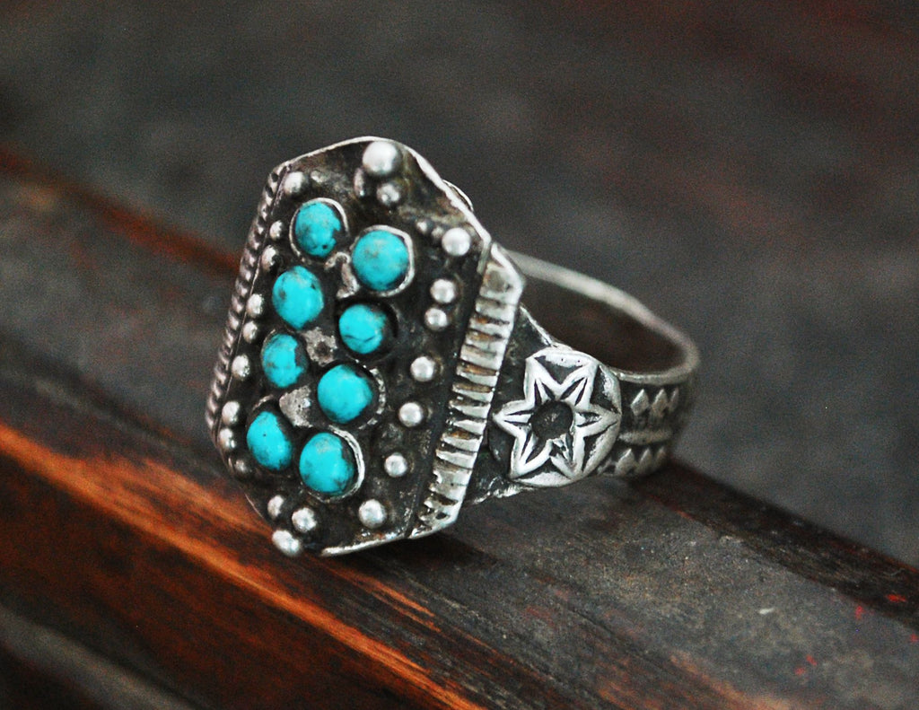 Antique Afghani Silver Ring with Turquoises - Size 8.5