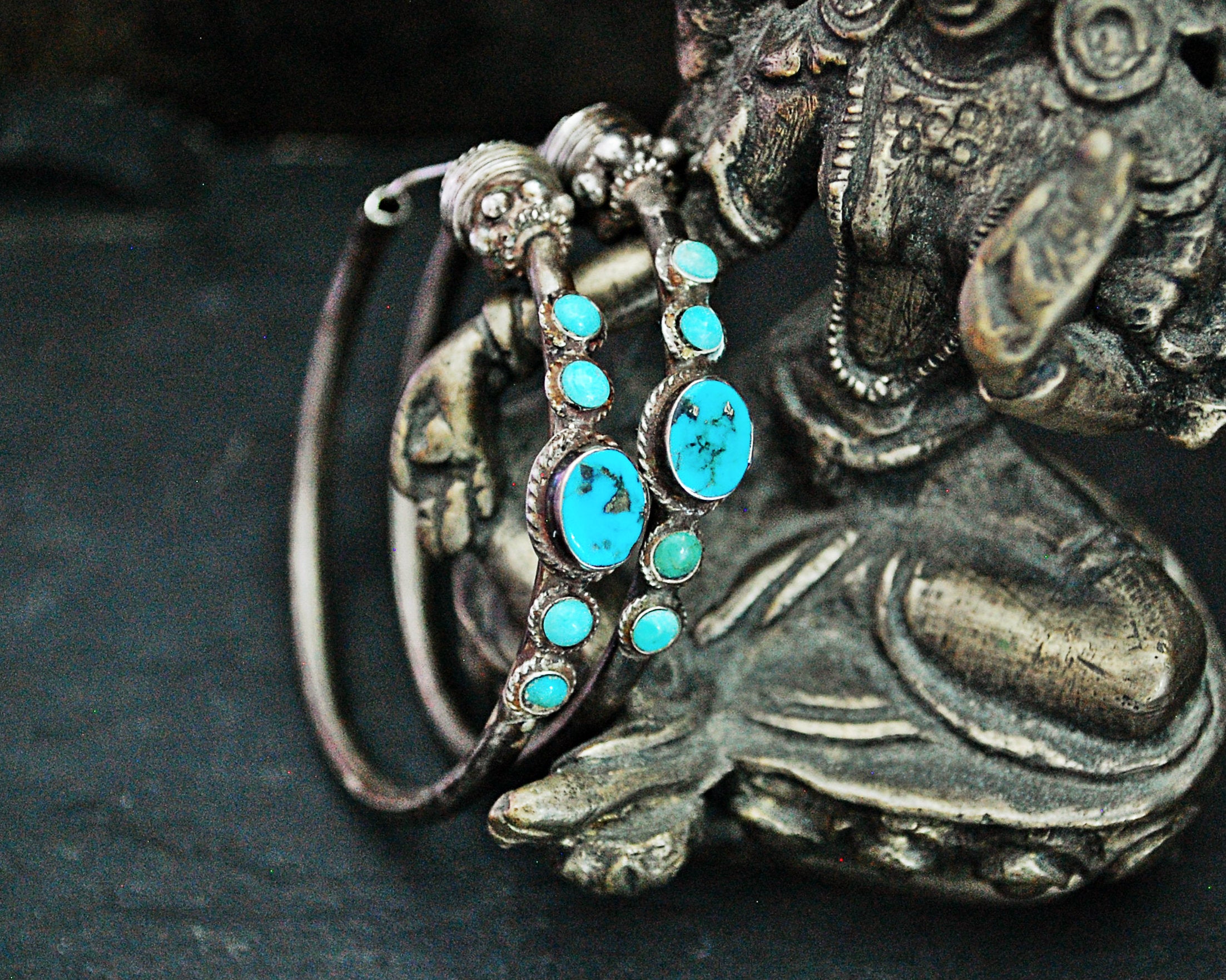 Ethnic Hoop Earrings with Turquoise - LARGE