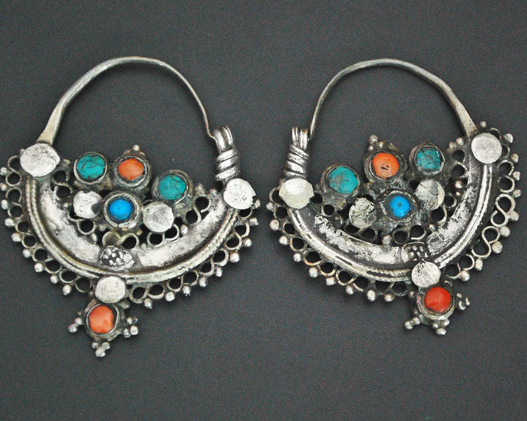 Antique Afghani Hoop Earrings with Turquoise and Coral