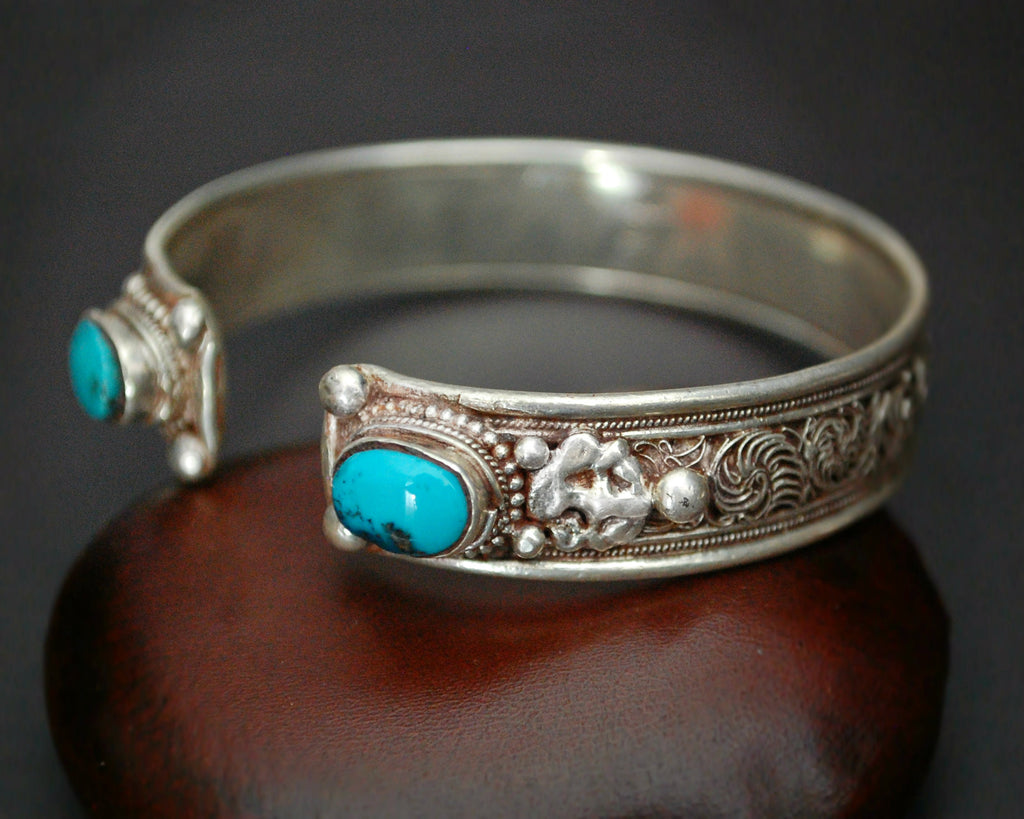 Nepali Turquoise Cuff Bracelet with Filigree Work