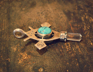 Tuareg Style Silver Cross Pendant with Turquoise and Crystal Quartz Tip