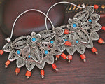 Uzbek Coral Turquoise Filigree Hoop Earrings