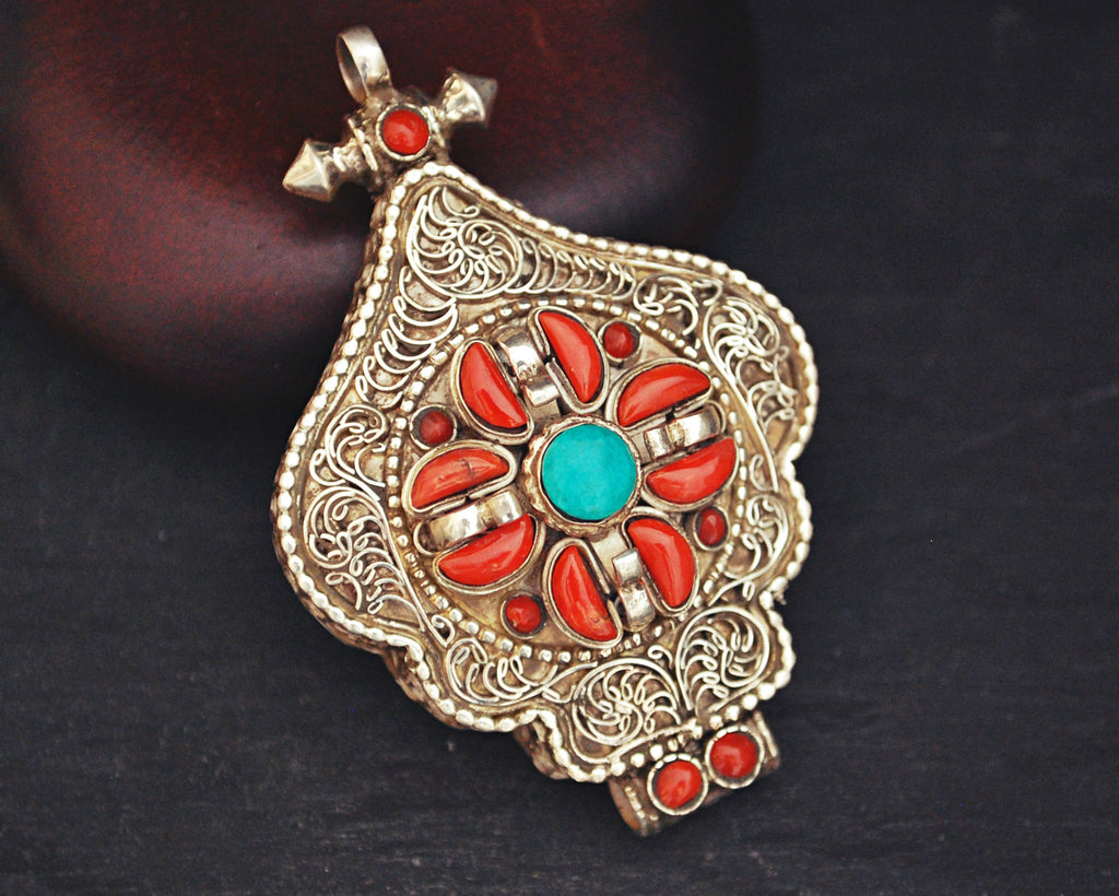 Nepali Gau Prayer Box Pendant with Coral and Turquoise